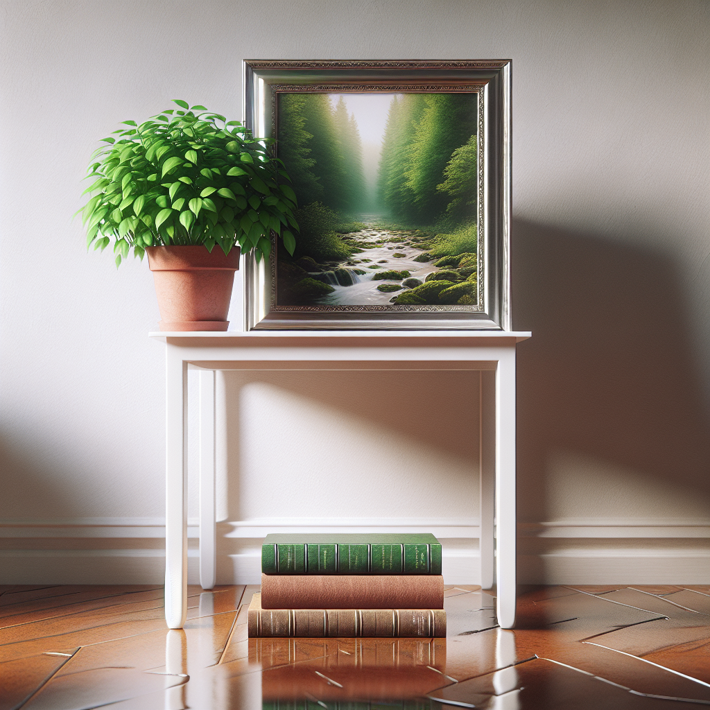White nightstand with a plant, books, and a photo frame on top