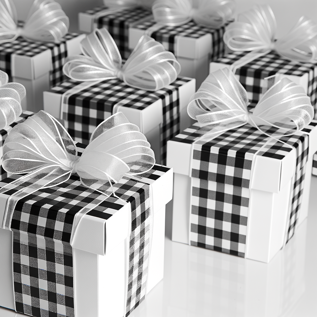 Gift boxes with black and white checkered pattern and ribbon