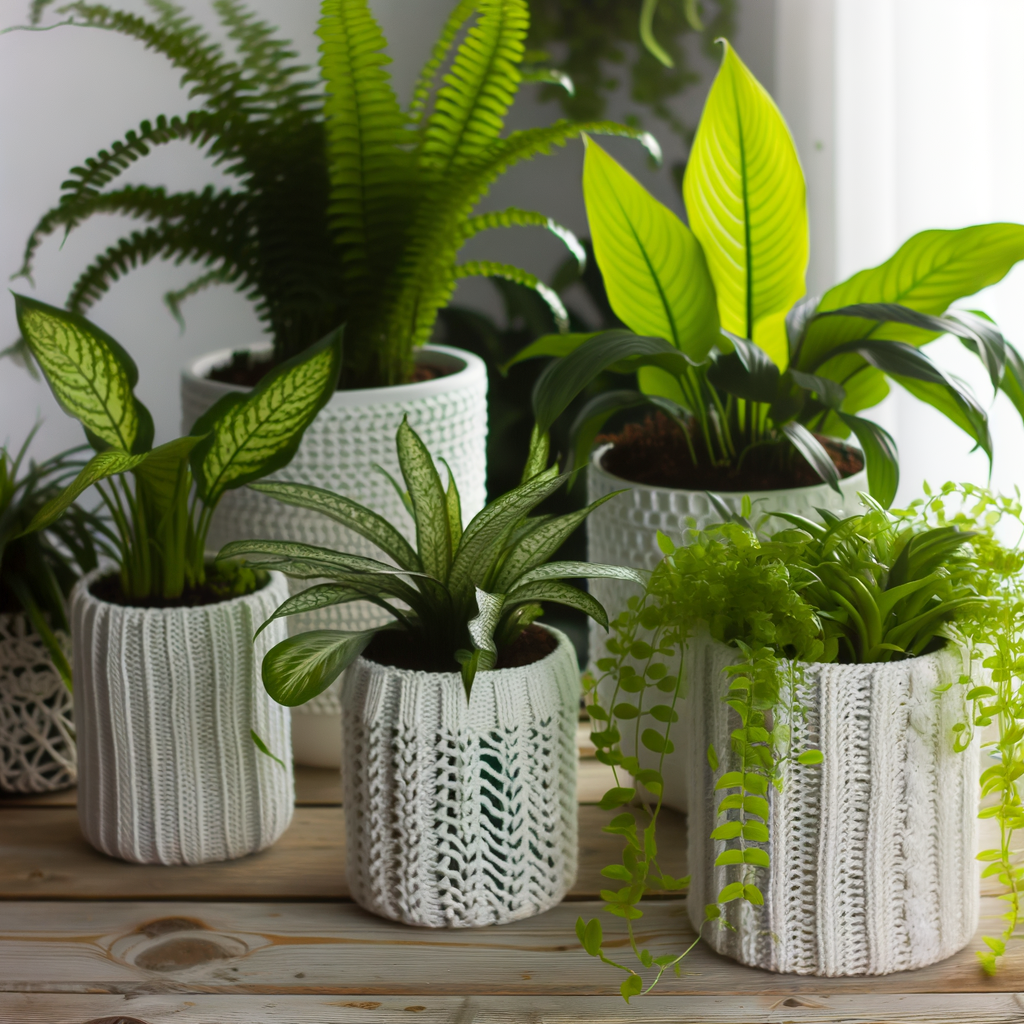 Indoor plants in white knitted pots
