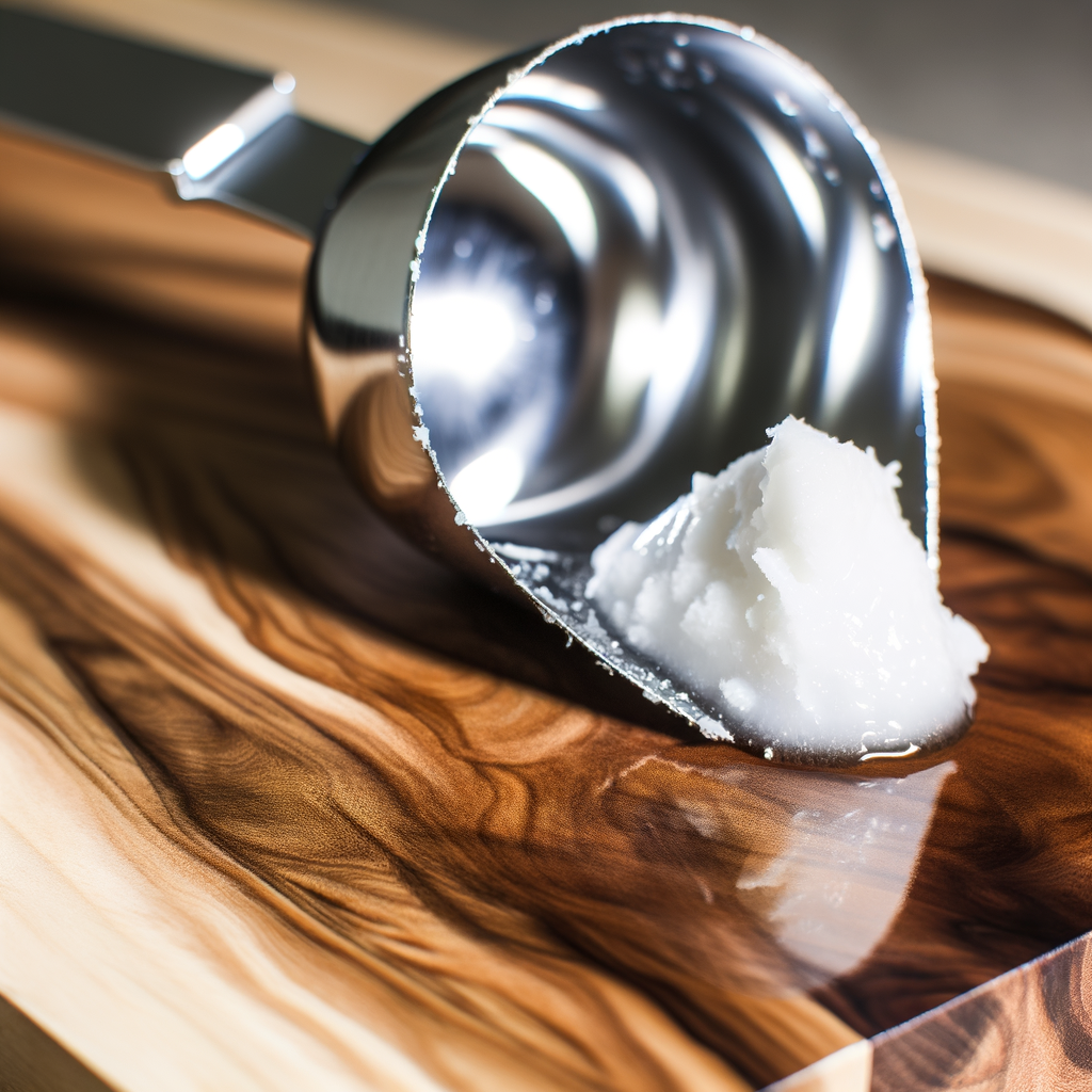 Wooden cutting board with a scoop of coconut oil